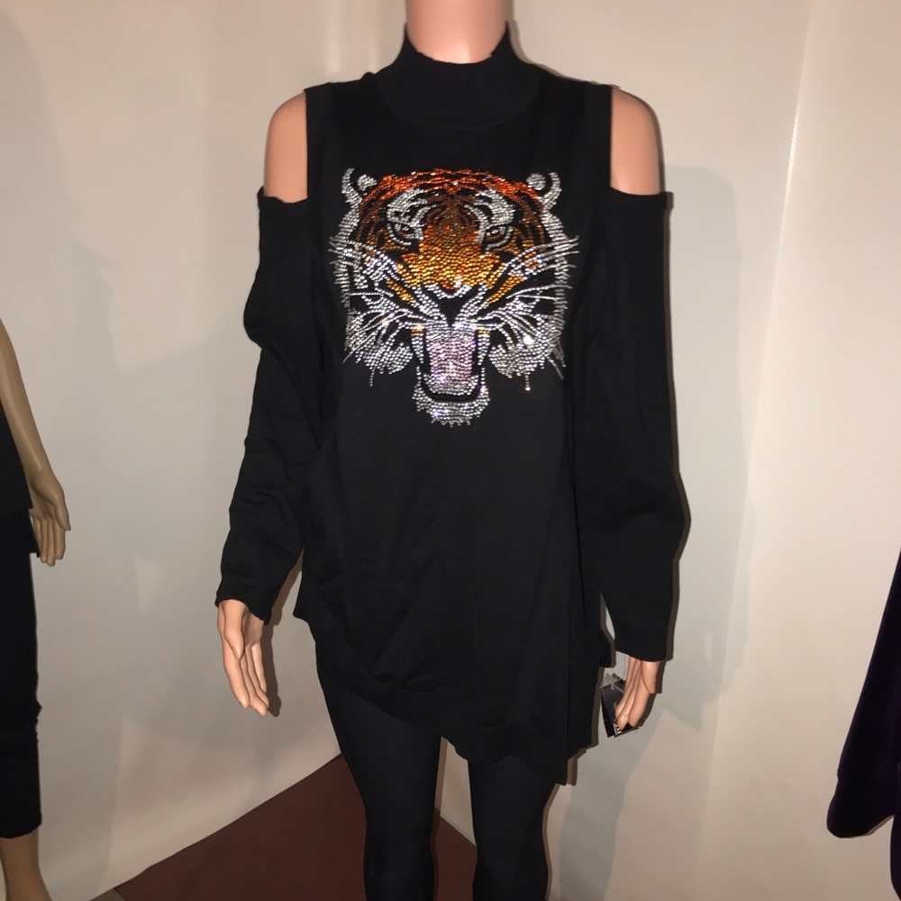 Women’s cold should Tiger Head Bling Top -XL
